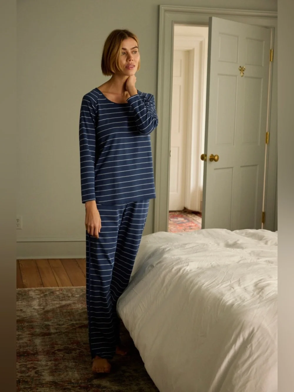 Lake Pajama Pima Long-Long Set in Navy Boating Stripe - Picture 2 of 5